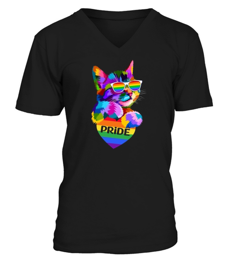 Funny Cat Sunglasses Rainbow LGBT Flag Gay Pride Month 2023 V-Neck T-shirt