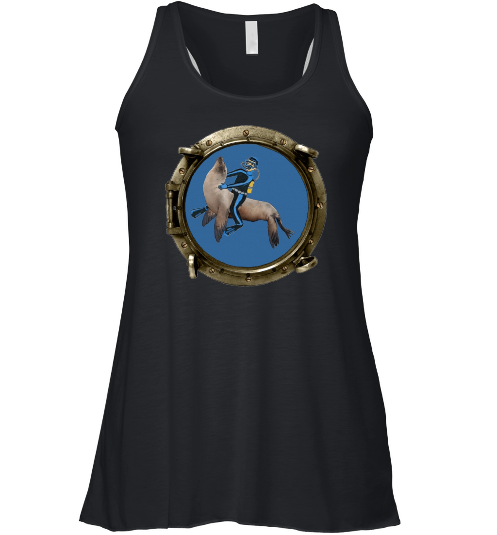 Porthole View of a SCUBA Diver Riding a Sea Lion Women's Flowy Tank Top