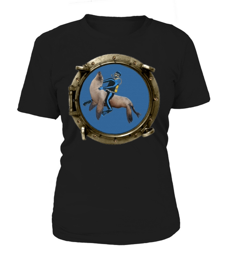 Porthole View of a SCUBA Diver Riding a Sea Lion Women's T-Shirt