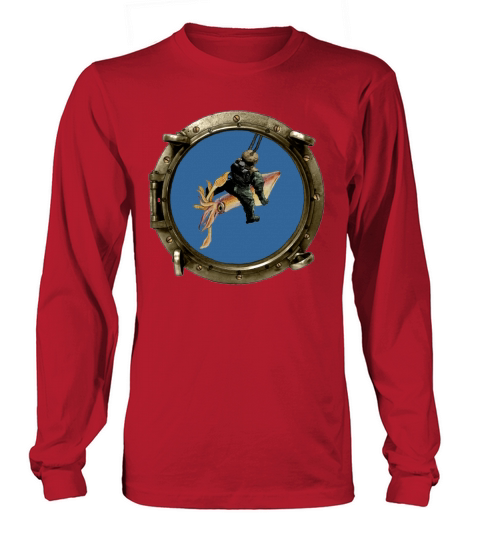 Porthole View of a Helmet Diver Riding a Big Squid Long sleeved Unisex