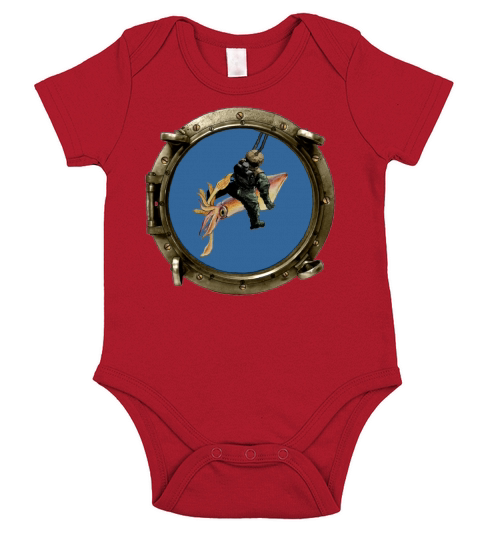 Porthole View of a Helmet Diver Riding a Big Squid Short Sleeve Baby One-Piece