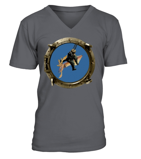 Porthole View of a Helmet Diver Riding a Big Squid V-Neck T-shirt