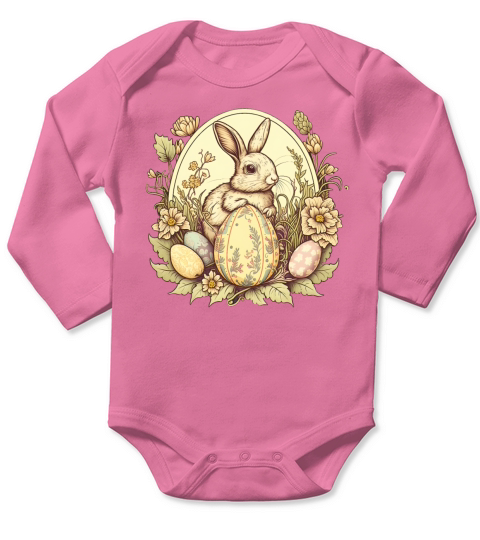 Easter Bunny Floral Vintage Egg Hunting Rabbit Long Sleeve Baby One-Piece