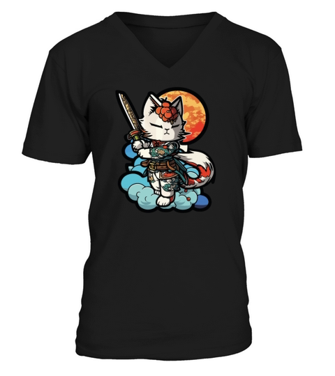 Female Samurai Cat Vintage V-Neck T-shirt