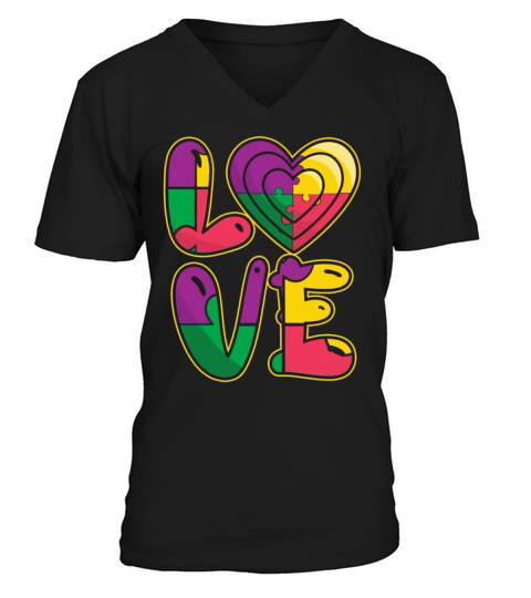 Support Love Puzzle Colorful Autism Awareness V-Neck T-shirt