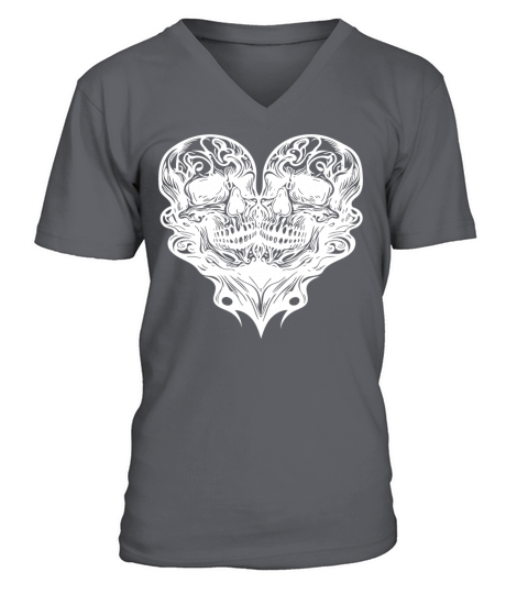 Two Skulls Heart Tribal Tattoo Style V-Neck T-shirt