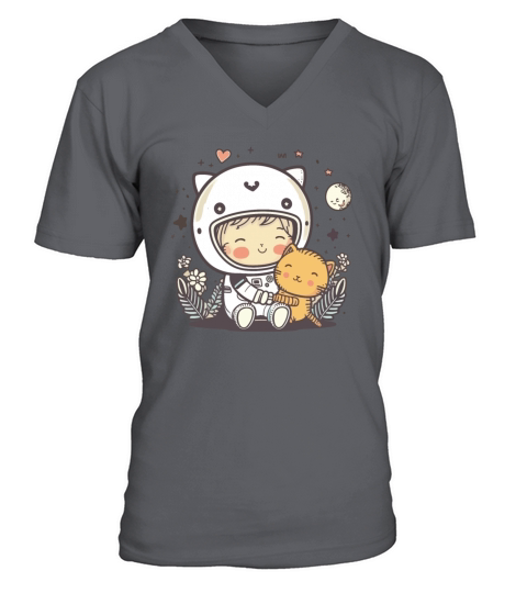 Cute Astronaut With A Cat Sitting On The Clouds V-Neck T-shirt