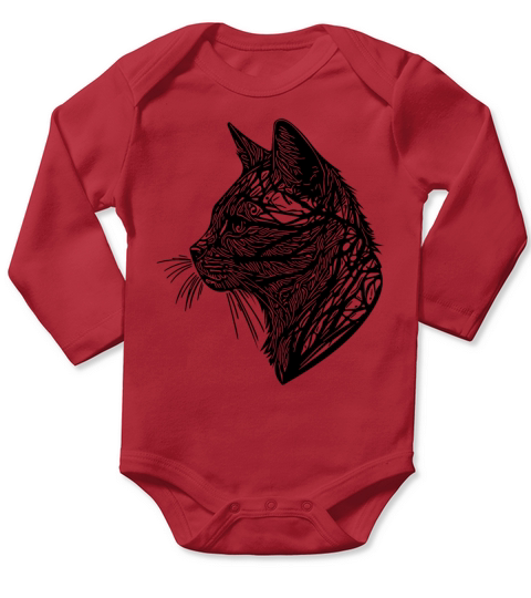 Small Cat In Nature Net Lines Tattoo Style Long Sleeve Baby One-Piece