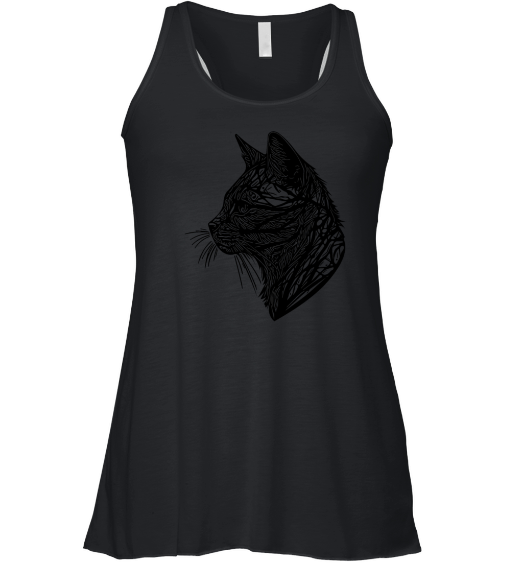 Small Cat In Nature Net Lines Tattoo Style Women's Flowy Tank Top