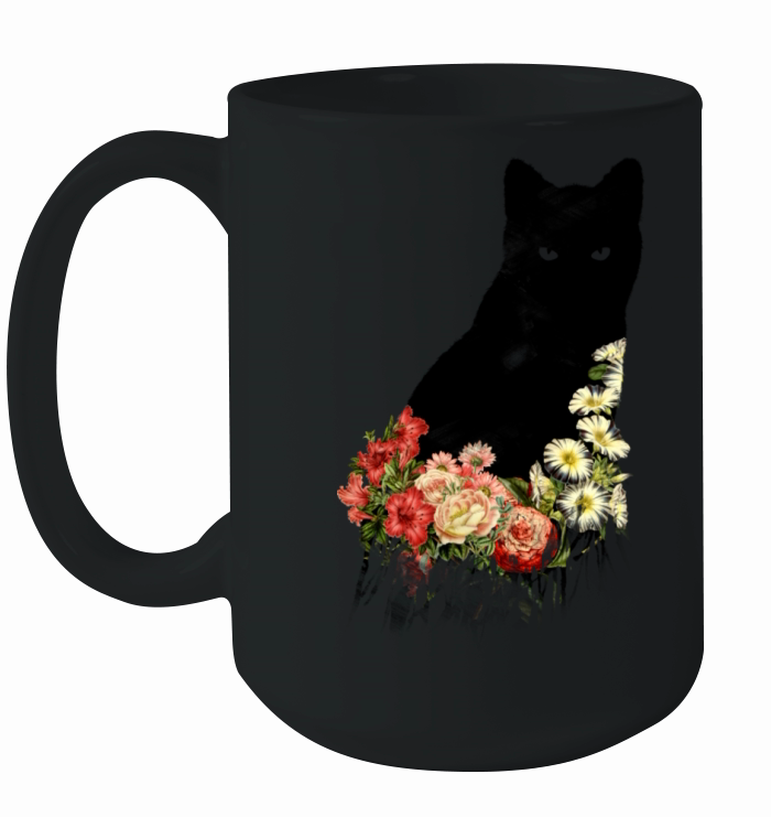 Black Cat Vintage Flower Good Luck Ceramic Mug