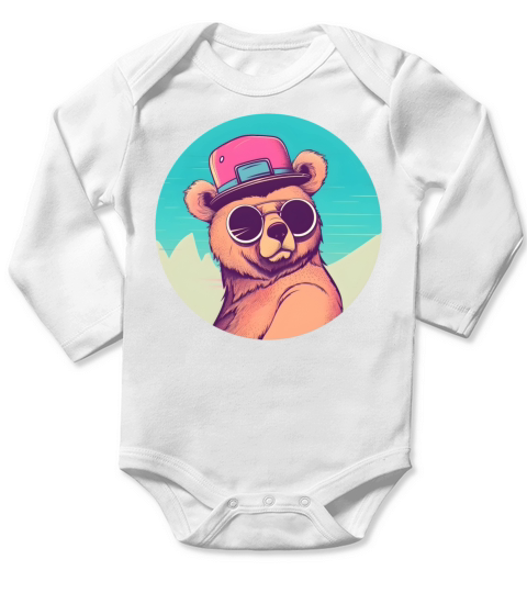 Vintage Retro Bear 80s 90s Style Long Sleeve Baby One-Piece