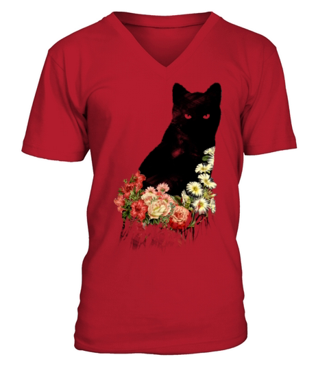 Black Cat Vintage Flower Good Luck V-Neck T-shirt