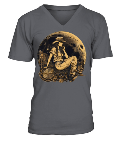 Woman in a golden moon steampunk style V-Neck T-shirt