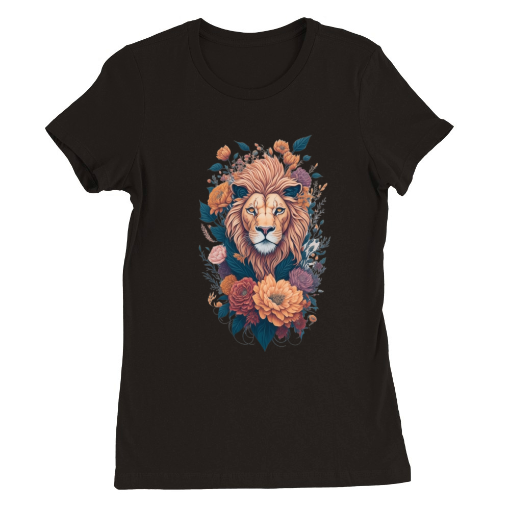 Vintage Lion Head and Flower Splash T-Shirt Premium Womens Crewneck T-shirt