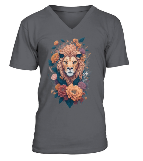 Vintage Lion Head and Flower Splash T-Shirt V-Neck T-shirt