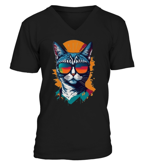 Vintage Vibes and Feline Flair Retro Cool Cat V-Neck T-shirt