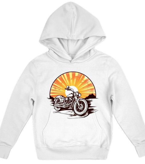 Motorbike in front of a vintage sunset Kids Hoodie