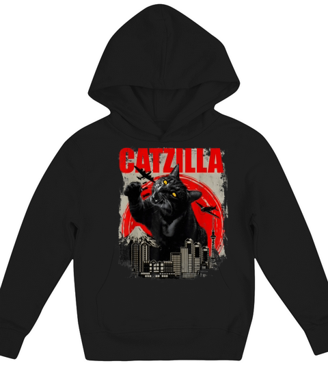 Catzilla Vintage Funny Cute Cat Art Japanese Sunse Kids Hoodie