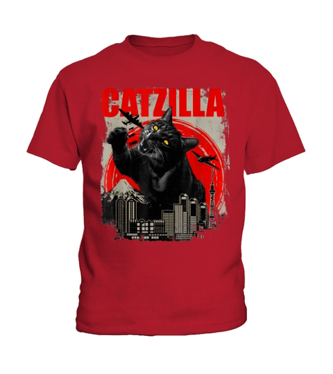 Catzilla Vintage Funny Cute Cat Art Japanese Sunse Kids T-Shirt