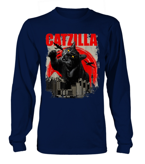 Catzilla Vintage Funny Cute Cat Art Japanese Sunse Long sleeved Unisex