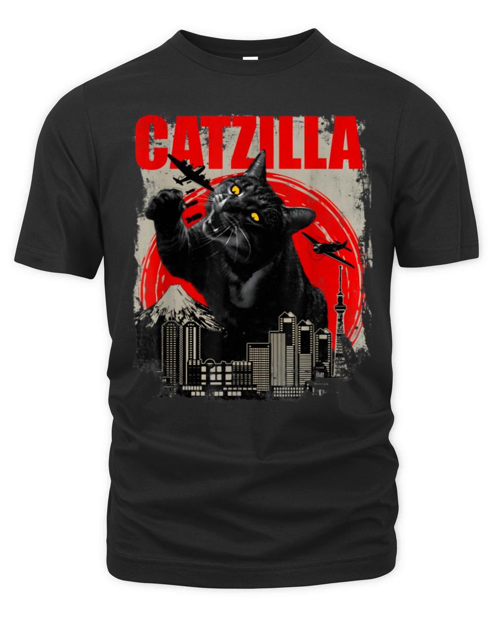 Catzilla Vintage Funny Cute Cat Art Japanese Sunse Organic Unisex T-shirt