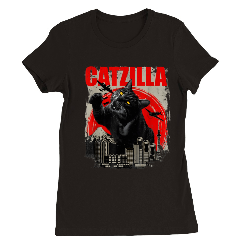 Catzilla Vintage Funny Cute Cat Art Japanese Sunse Premium Womens Crewneck T-shirt