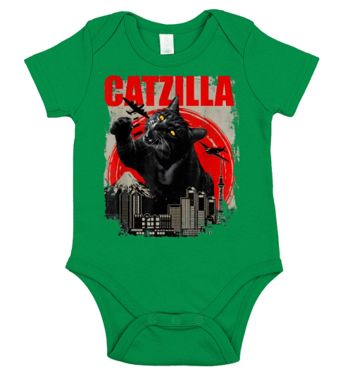 Catzilla Vintage Funny Cute Cat Art Japanese Sunse Short Sleeve Baby One-Piece