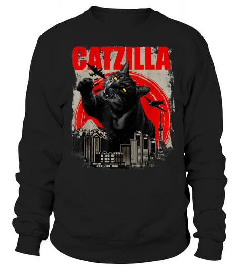 Catzilla Vintage Funny Cute Cat Art Japanese Sunse Sweatshirt Unisex