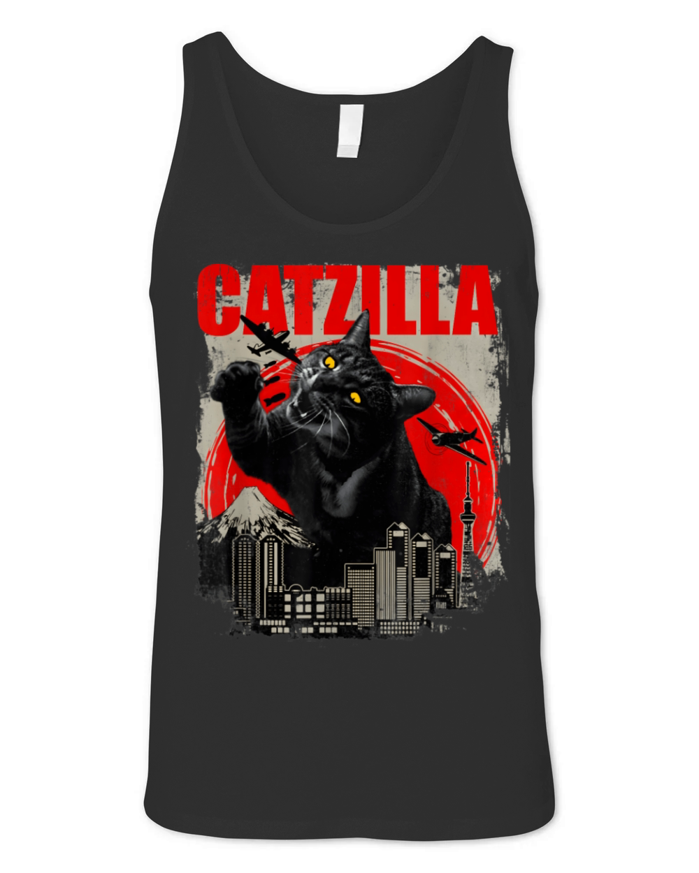 Catzilla Vintage Funny Cute Cat Art Japanese Sunse Unisex Jersey Tank