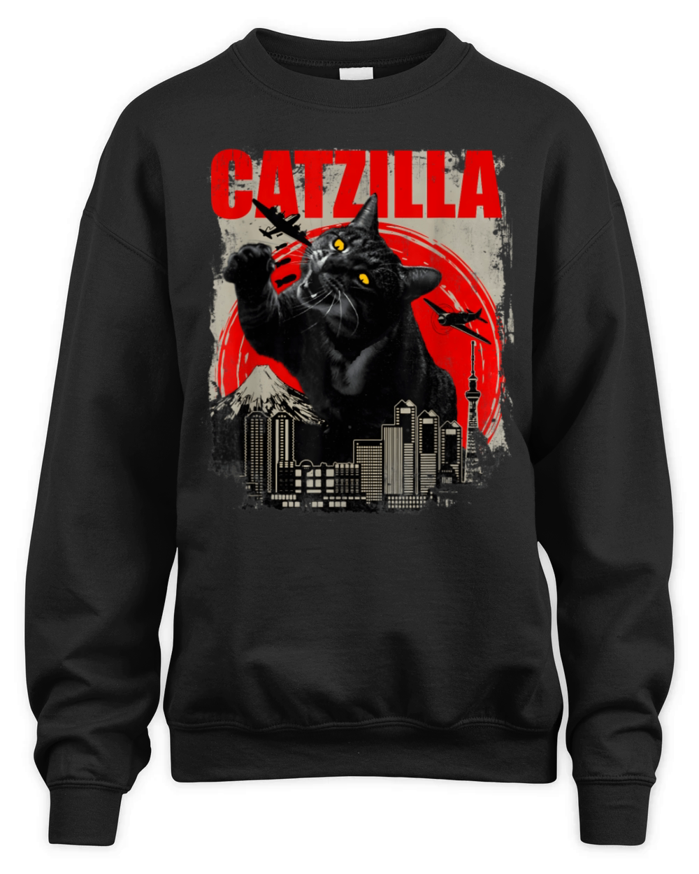 Catzilla Vintage Funny Cute Cat Art Japanese Sunse Unisex Premium Crewneck Sweatshirt
