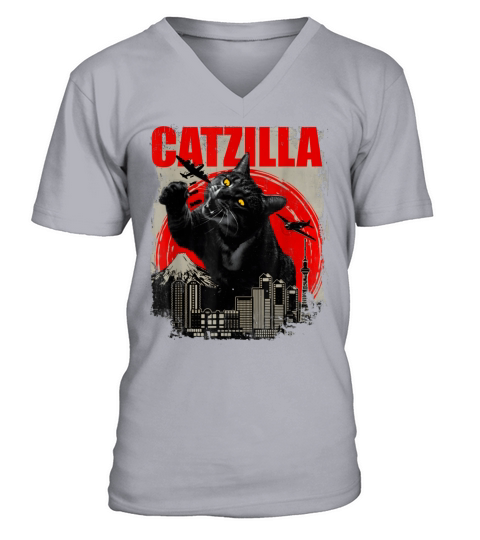Catzilla Vintage Funny Cute Cat Art Japanese Sunse V-Neck T-shirt