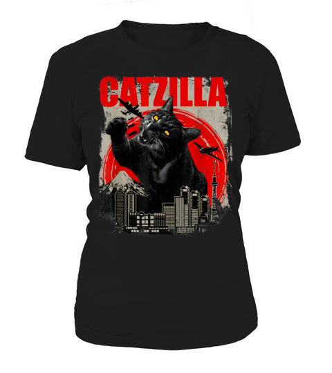 Catzilla Vintage Funny Cute Cat Art Japanese Sunse Women's T-Shirt