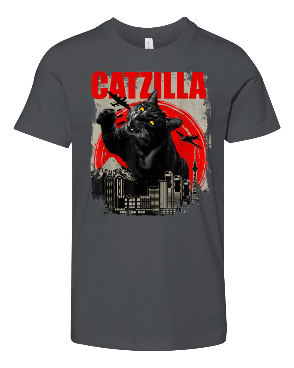 Catzilla Vintage Funny Cute Cat Art Japanese Sunse Youth Unisex Jersey Tee