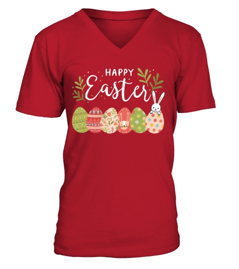 Happy Easter Spring Flowers Bunny Rabbit Egg Hunt V-Neck T-shirt