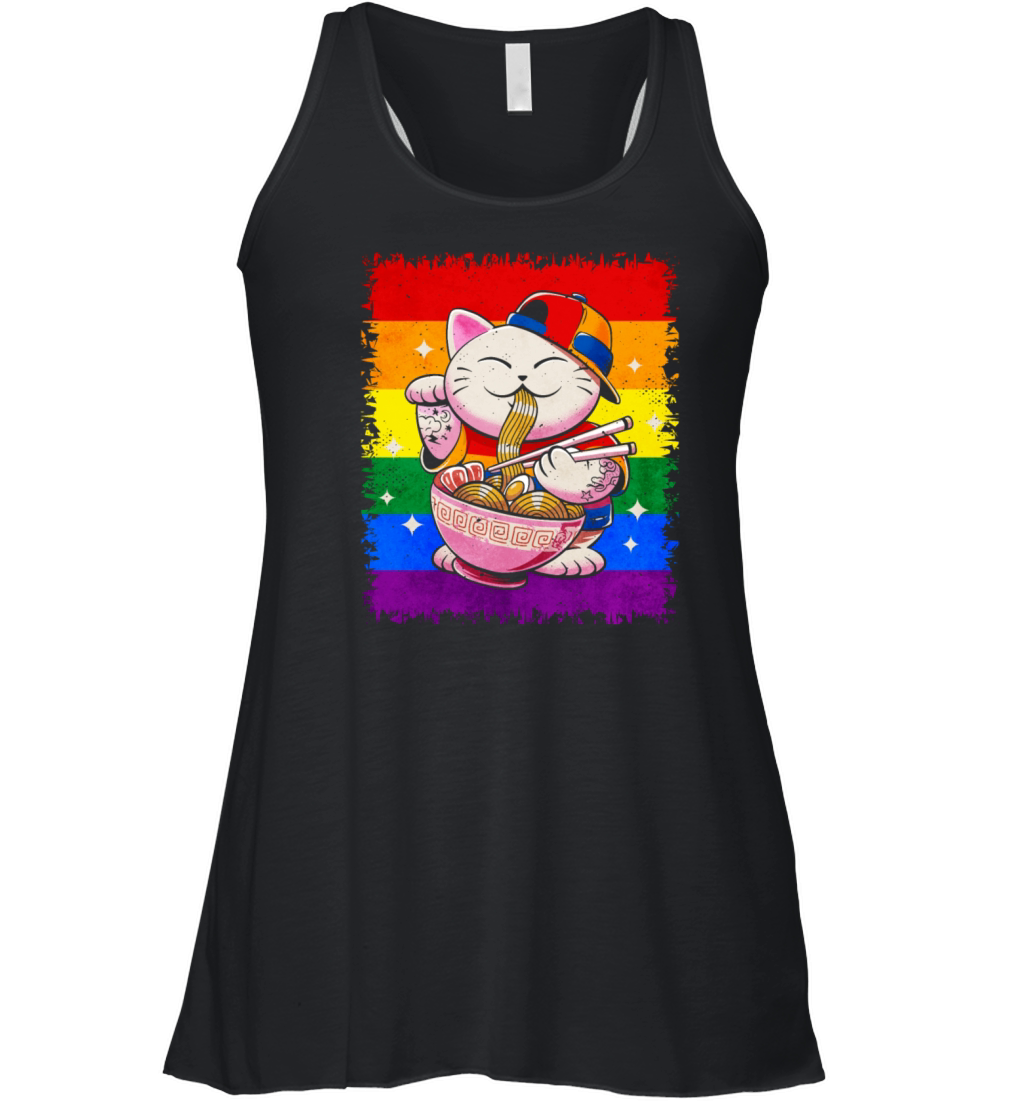 Gay Pride Rainbow Flag Japanese Ramen Cat Sublte Women's Flowy Tank Top