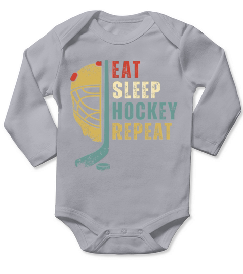 Eat Sleep Hockey Repeat Funny Retro Vintage Sport Long Sleeve Baby One-Piece