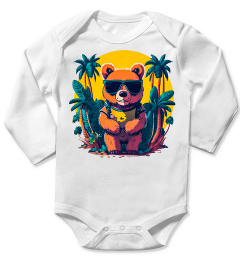 Vintage Retro Bear On Holidays Comic Style Long Sleeve Baby One-Piece