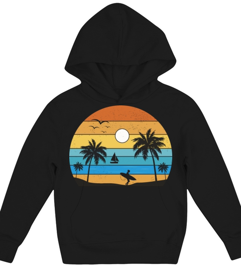 Retro Vintage Sunset Coco Palm Tree Tropical Beach Kids Hoodie