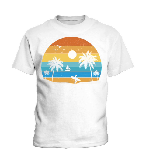 Retro Vintage Sunset Coco Palm Tree Tropical Beach Kids T-Shirt