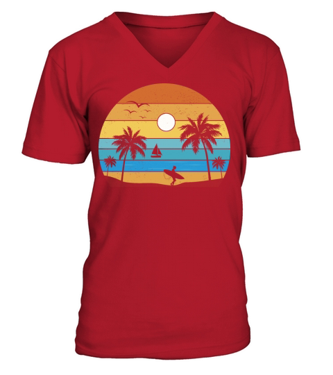 Retro Vintage Sunset Coco Palm Tree Tropical Beach V-Neck T-shirt