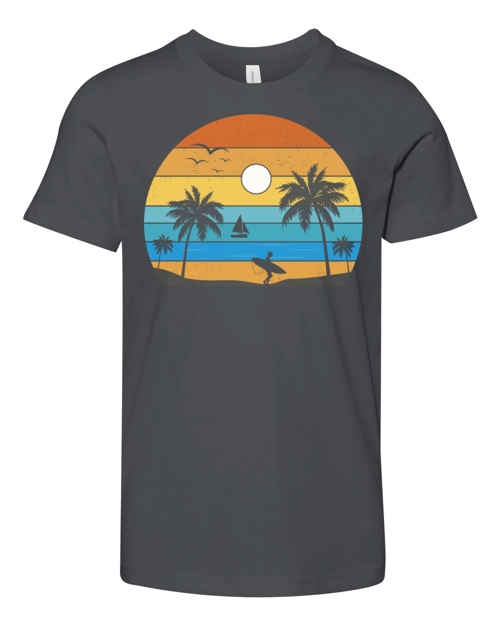 Retro Vintage Sunset Coco Palm Tree Tropical Beach Youth Unisex Jersey Tee