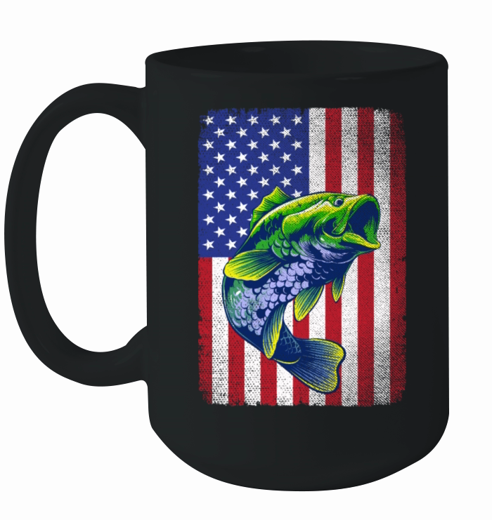 Vintage Bass Fishing 4th Of July USA American Flag Ceramic Mug