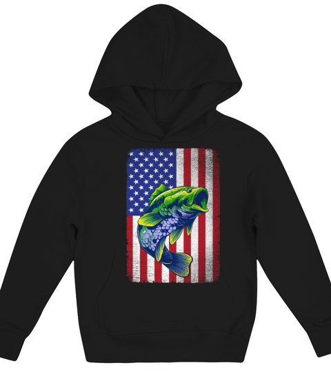 Vintage Bass Fishing 4th Of July USA American Flag Kids Hoodie