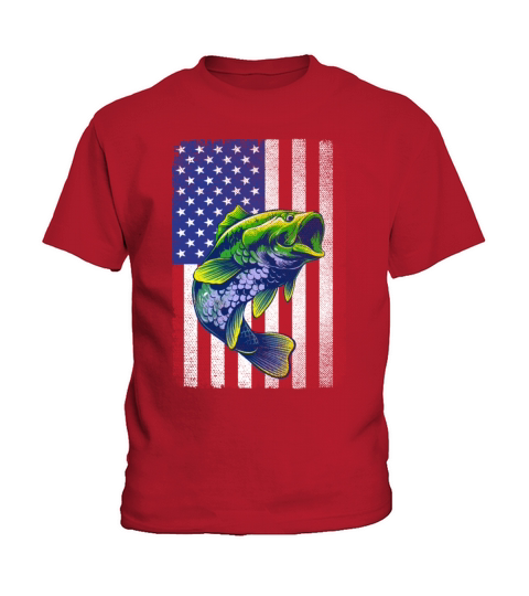 Vintage Bass Fishing 4th Of July USA American Flag Kids T-Shirt