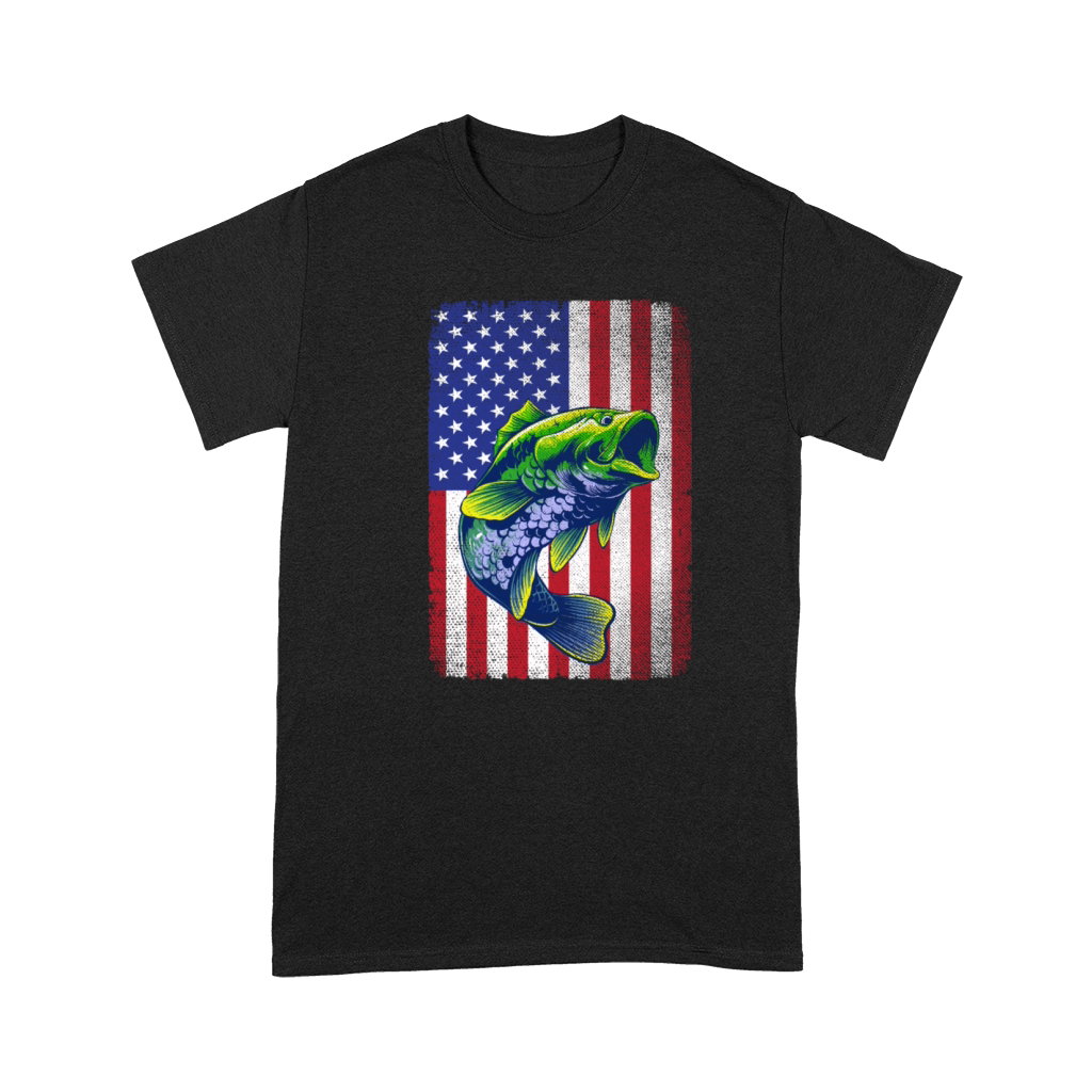 Vintage Bass Fishing 4th Of July USA American Flag Premium T-shirt