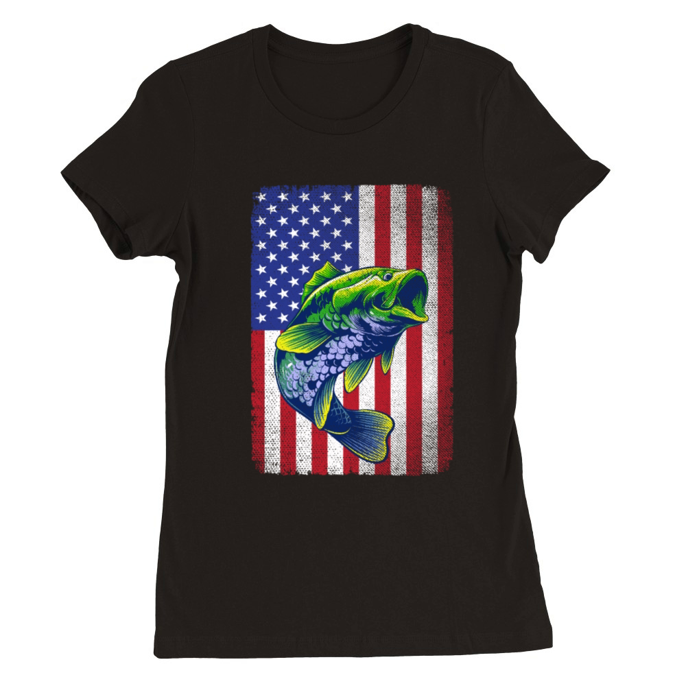Vintage Bass Fishing 4th Of July USA American Flag Premium Womens Crewneck T-shirt