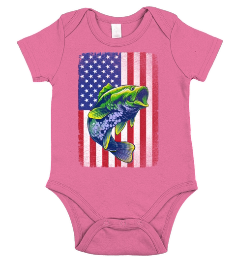 Vintage Bass Fishing 4th Of July USA American Flag Short Sleeve Baby One-Piece