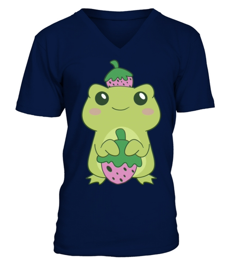 Kawaii Strawberry Green Frog On Berry Hat Otaku V-Neck T-shirt