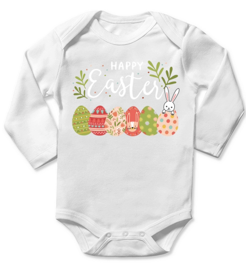 Happy Easter Spring Flowers Bunny Rabbit Egg Hunt Long Sleeve Baby One-Piece