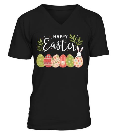 Happy Easter Spring Flowers Bunny Rabbit Egg Hunt V-Neck T-shirt